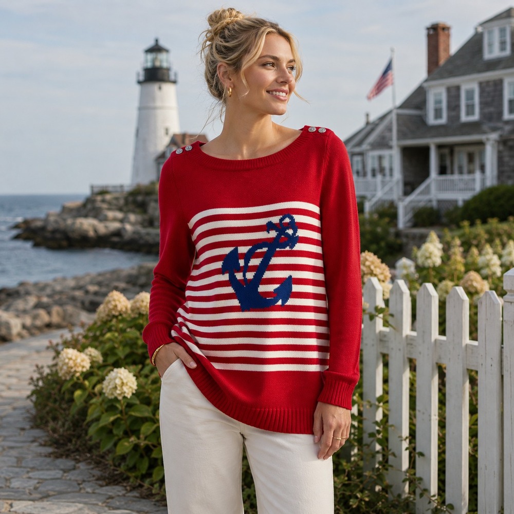 Talbots Striped Nautical Anchor Sweater Size M Petite Boatneck Coastal Novelty